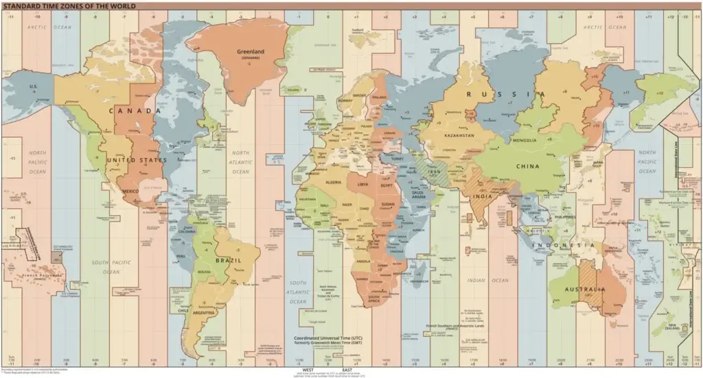 Wereldkaart met tijdzones - wereldtijdinfo.nl